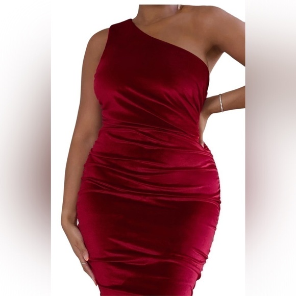 TAHARI ASL Red Velvet Ruched Velvet One Shoulder Dress Sz 12 - Picture 2 of 10
